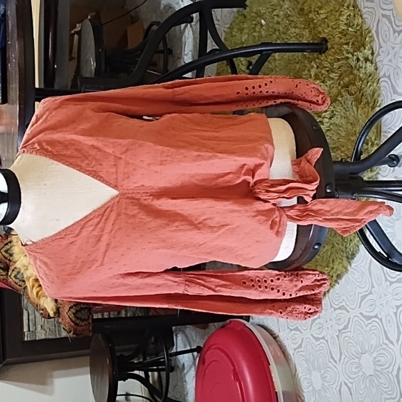 Womens Blouse Tie Front Embroidery Rustic Autumn Pumpkin spice M LOVESTITCH b46 - Picture 2 of 10